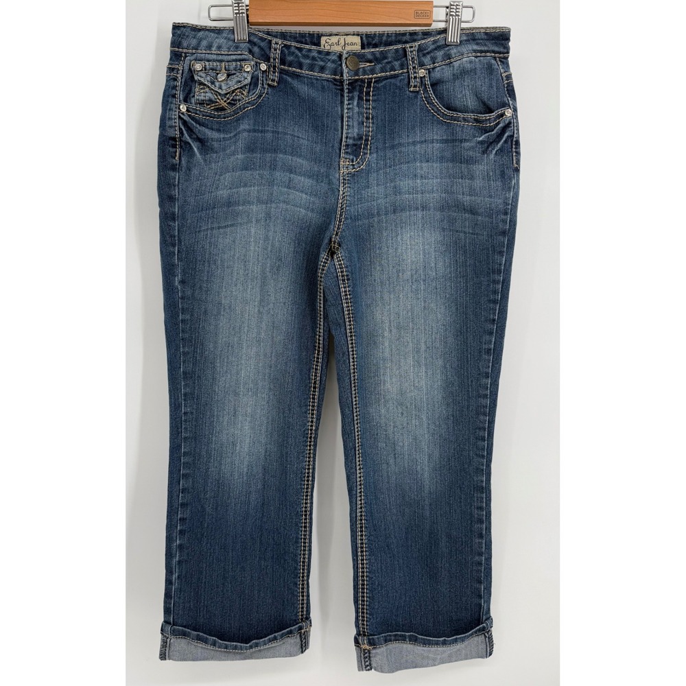 Earl Jean Womens Blue Medium Wash Cuffed Capri Cropped Denim Jeans Rhinestone 12